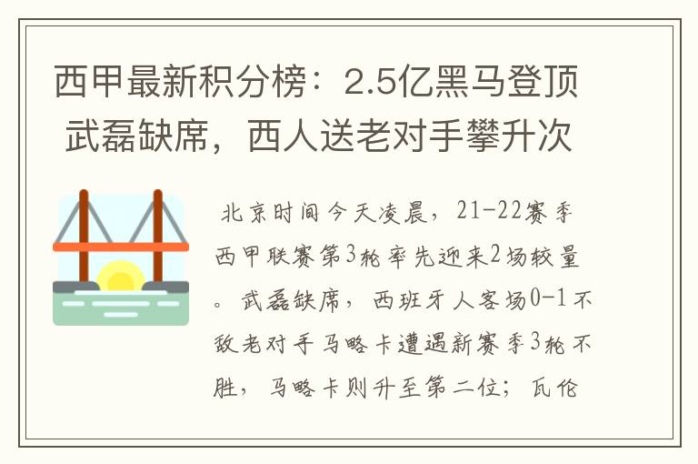 西甲最新积分榜：2.5亿黑马登顶 武磊缺席，西人送老对手攀升次席