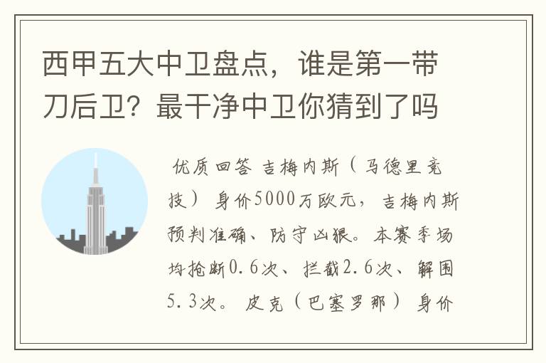 西甲五大中卫盘点，谁是第一带刀后卫？最干净中卫你猜到了吗？