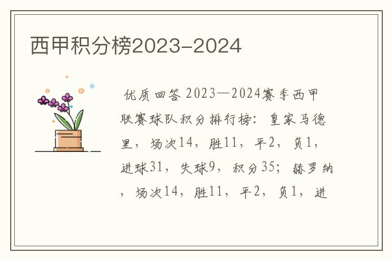 西甲积分榜2023-2024