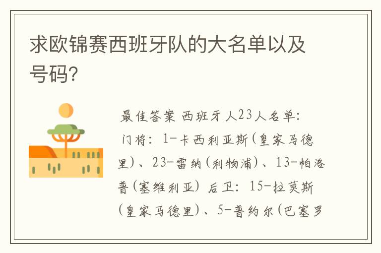 求欧锦赛西班牙队的大名单以及号码？