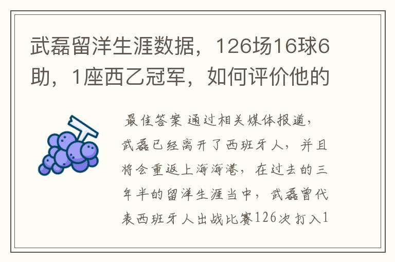 武磊留洋生涯数据，126场16球6助，1座西乙冠军，如何评价他的表现？