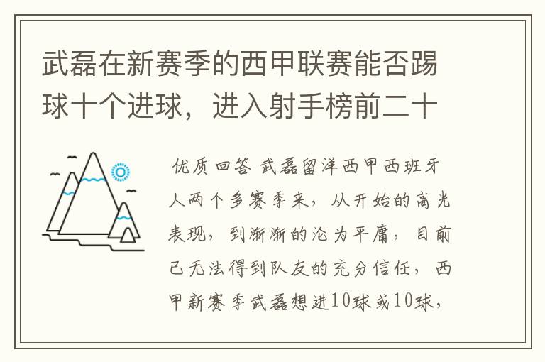 武磊在新赛季的西甲联赛能否踢球十个进球，进入射手榜前二十？