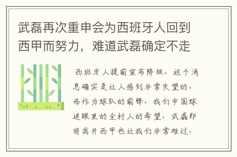 武磊再次重申会为西班牙人回到西甲而努力，难道武磊确定不走了？