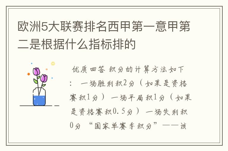 欧洲5大联赛排名西甲第一意甲第二是根据什么指标排的