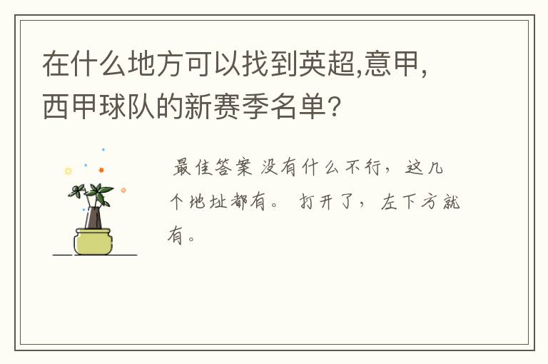 在什么地方可以找到英超,意甲,西甲球队的新赛季名单?