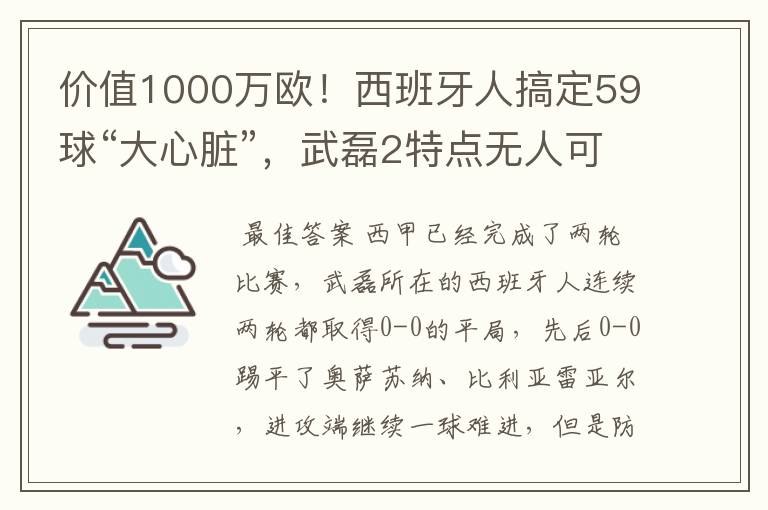 价值1000万欧！西班牙人搞定59球“大心脏”，武磊2特点无人可替