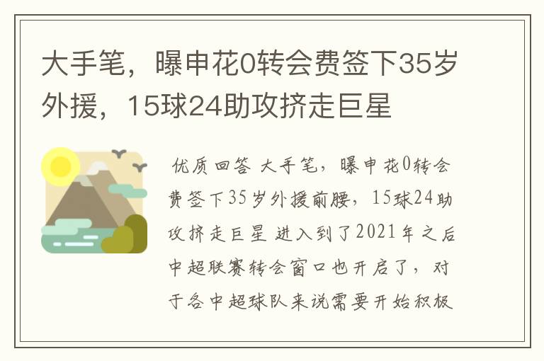 大手笔，曝申花0转会费签下35岁外援，15球24助攻挤走巨星