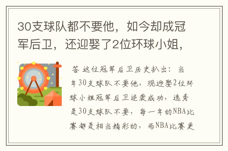 30支球队都不要他，如今却成冠军后卫，还迎娶了2位环球小姐，他是谁？