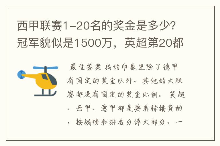 西甲联赛1-20名的奖金是多少？冠军貌似是1500万，英超第20都是4000万呀！