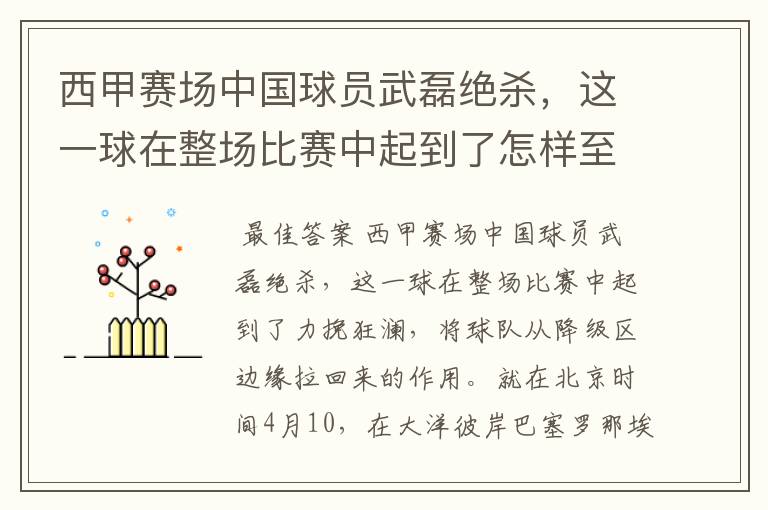 西甲赛场中国球员武磊绝杀，这一球在整场比赛中起到了怎样至关作用？