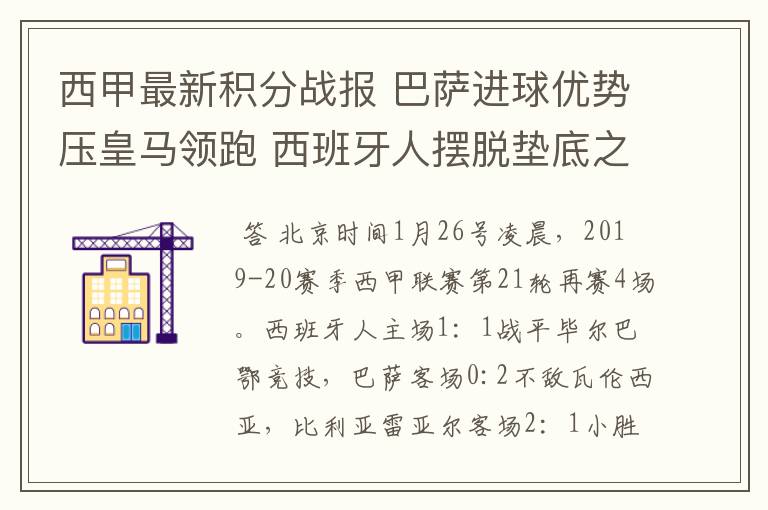 西甲最新积分战报 巴萨进球优势压皇马领跑 西班牙人摆脱垫底之位