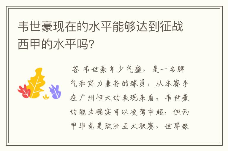 韦世豪现在的水平能够达到征战西甲的水平吗？