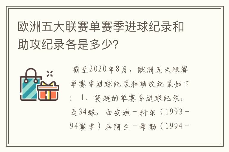 欧洲五大联赛单赛季进球纪录和助攻纪录各是多少？