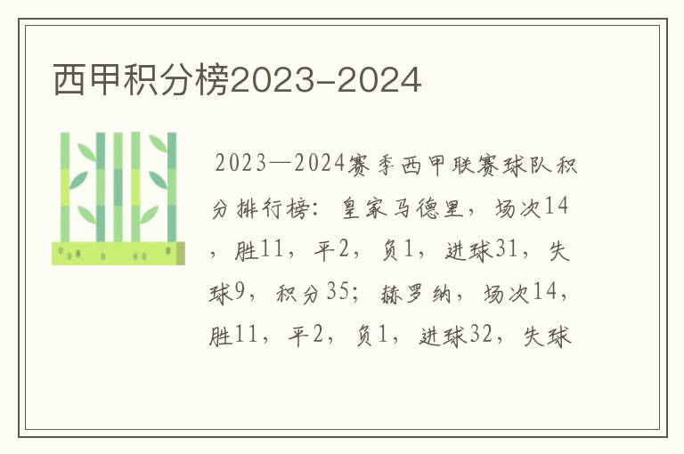 西甲积分榜2023-2024