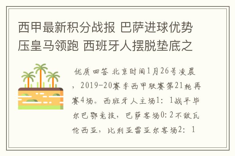 西甲最新积分战报 巴萨进球优势压皇马领跑 西班牙人摆脱垫底之位