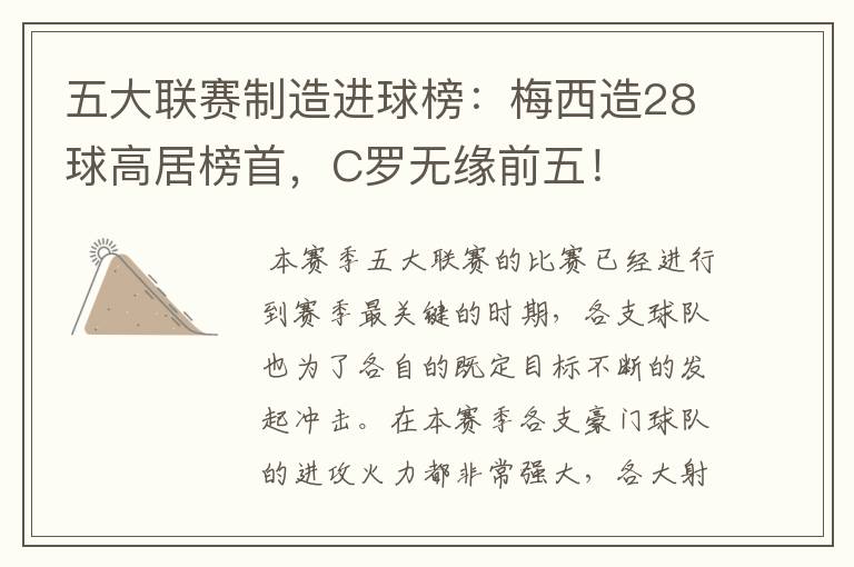 五大联赛制造进球榜：梅西造28球高居榜首，C罗无缘前五！