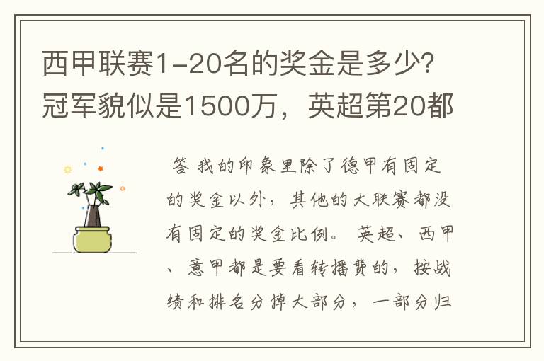 西甲联赛1-20名的奖金是多少？冠军貌似是1500万，英超第20都是4000万呀！