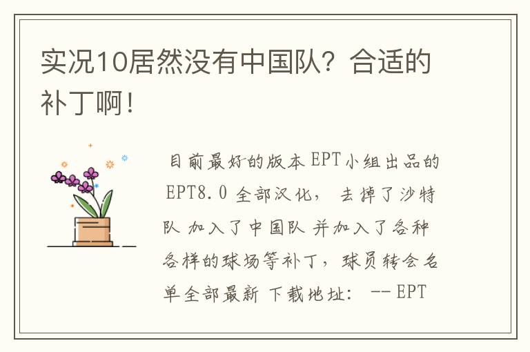 实况10居然没有中国队？合适的补丁啊！