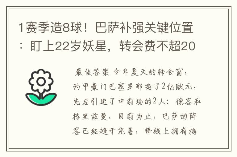 1赛季造8球！巴萨补强关键位置：盯上22岁妖星，转会费不超2000万