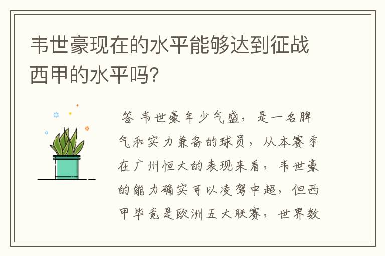 韦世豪现在的水平能够达到征战西甲的水平吗？