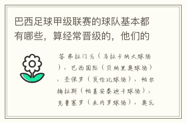 巴西足球甲级联赛的球队基本都有哪些，算经常晋级的，他们的球场都叫什么名