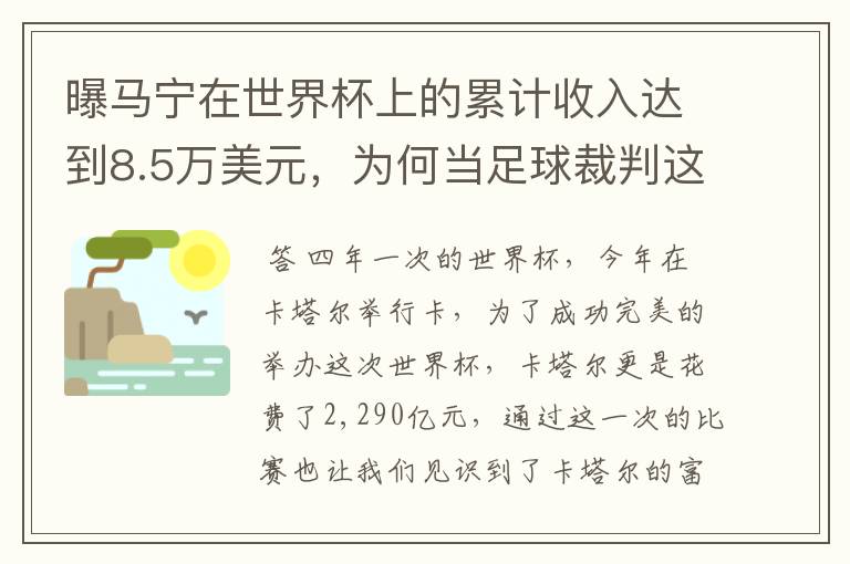 曝马宁在世界杯上的累计收入达到8.5万美元，为何当足球裁判这么赚钱？