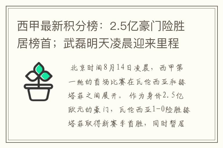 西甲最新积分榜：2.5亿豪门险胜居榜首；武磊明天凌晨迎来里程碑