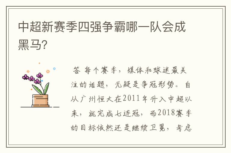 中超新赛季四强争霸哪一队会成黑马？