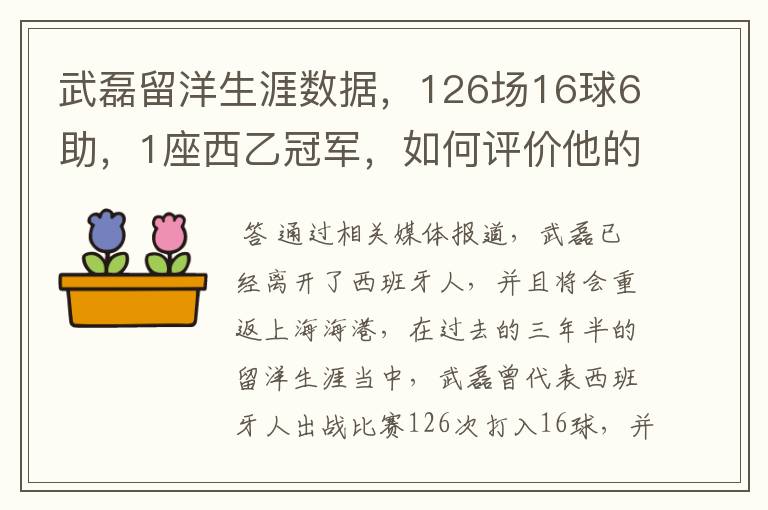 武磊留洋生涯数据，126场16球6助，1座西乙冠军，如何评价他的表现？