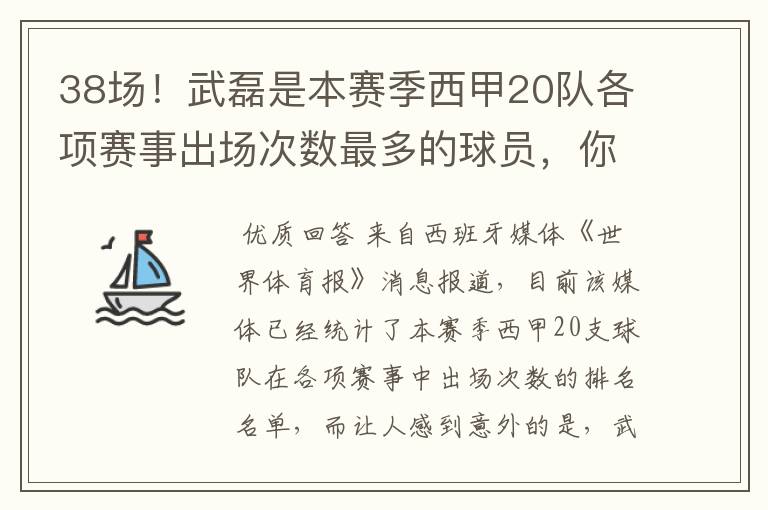 38场！武磊是本赛季西甲20队各项赛事出场次数最多的球员，你怎么看？