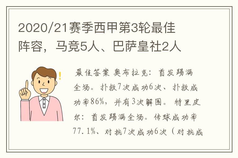 2020/21赛季西甲第3轮最佳阵容，马竞5人、巴萨皇社2人