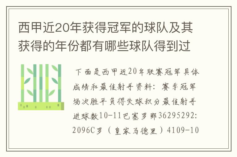 西甲近20年获得冠军的球队及其获得的年份都有哪些球队得到过意大利