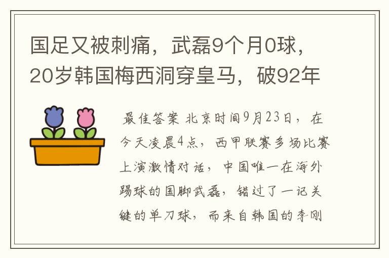 国足又被刺痛，武磊9个月0球，20岁韩国梅西洞穿皇马，破92年纪录