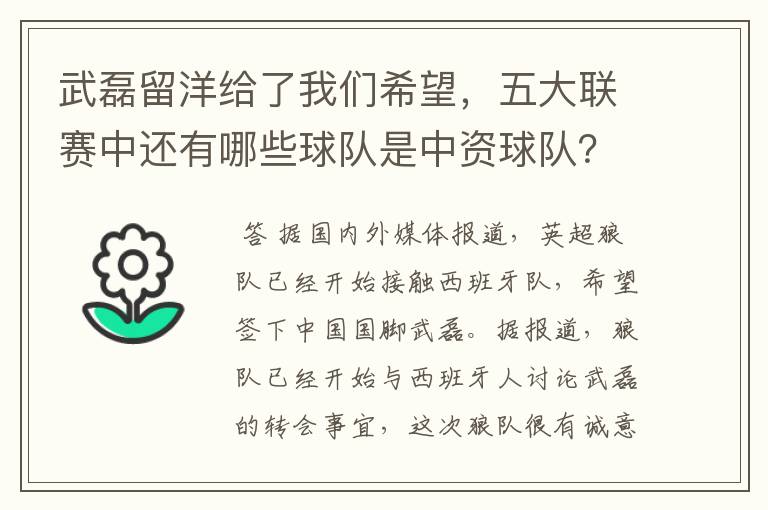 武磊留洋给了我们希望，五大联赛中还有哪些球队是中资球队？