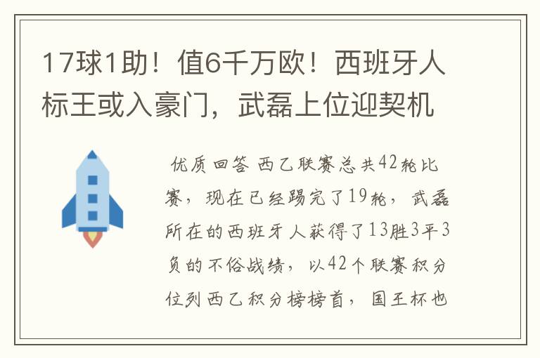 17球1助！值6千万欧！西班牙人标王或入豪门，武磊上位迎契机