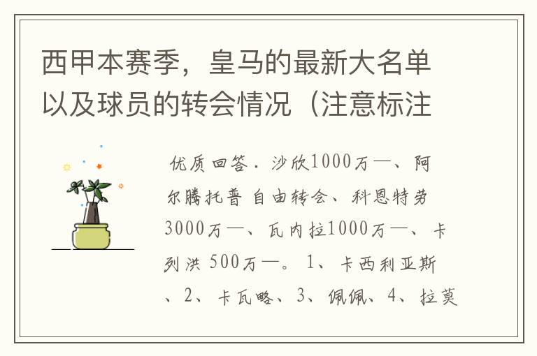 西甲本赛季，皇马的最新大名单以及球员的转会情况（注意标注球员身价）