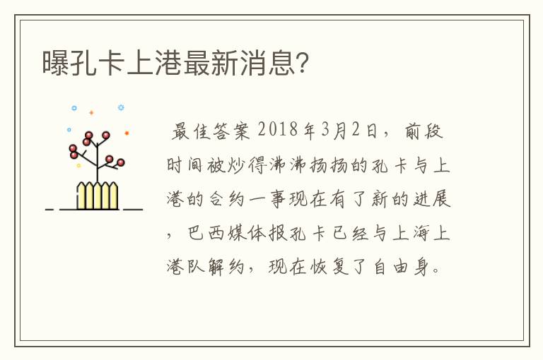 曝孔卡上港最新消息？