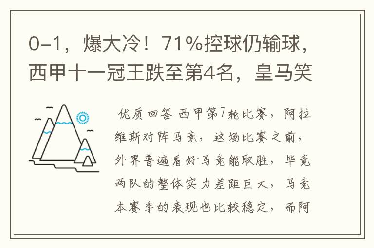 0-1，爆大冷！71%控球仍输球，西甲十一冠王跌至第4名，皇马笑了