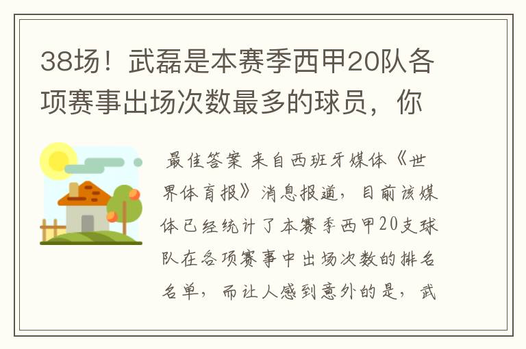 38场！武磊是本赛季西甲20队各项赛事出场次数最多的球员，你怎么看？