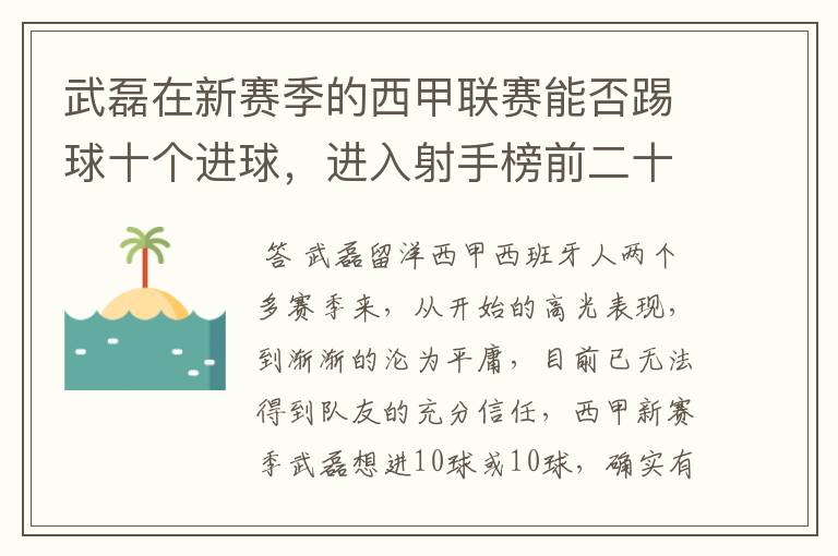 武磊在新赛季的西甲联赛能否踢球十个进球，进入射手榜前二十？