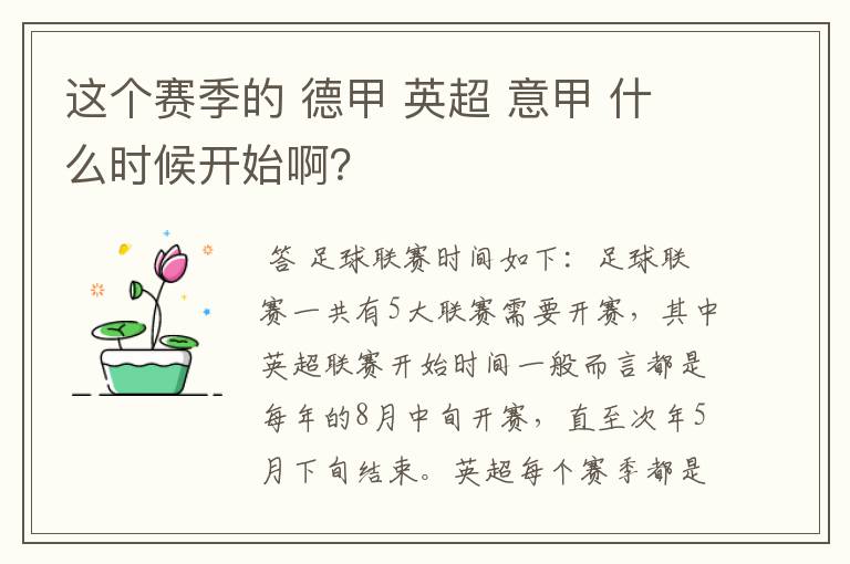 这个赛季的 德甲 英超 意甲 什么时候开始啊？