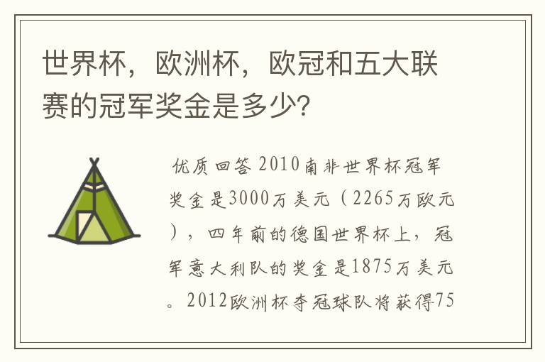 世界杯，欧洲杯，欧冠和五大联赛的冠军奖金是多少？