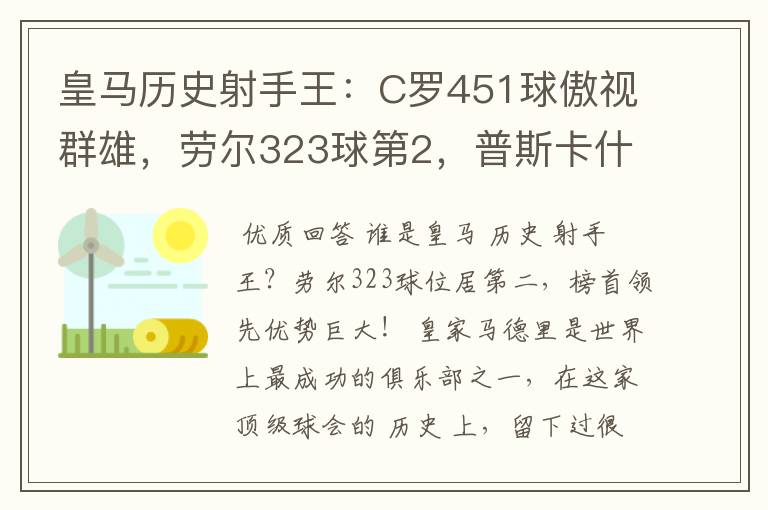 皇马历史射手王：C罗451球傲视群雄，劳尔323球第2，普斯卡什上榜