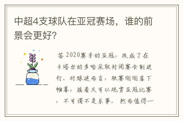 中超4支球队在亚冠赛场，谁的前景会更好？