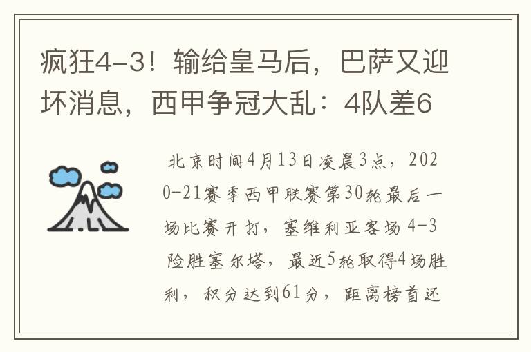 疯狂4-3！输给皇马后，巴萨又迎坏消息，西甲争冠大乱：4队差6分