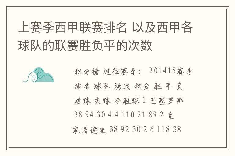 上赛季西甲联赛排名 以及西甲各球队的联赛胜负平的次数