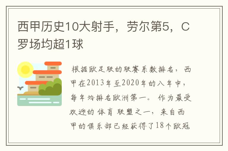 西甲历史10大射手，劳尔第5，C罗场均超1球