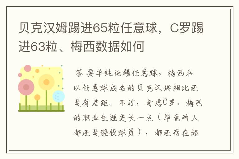 贝克汉姆踢进65粒任意球，C罗踢进63粒、梅西数据如何