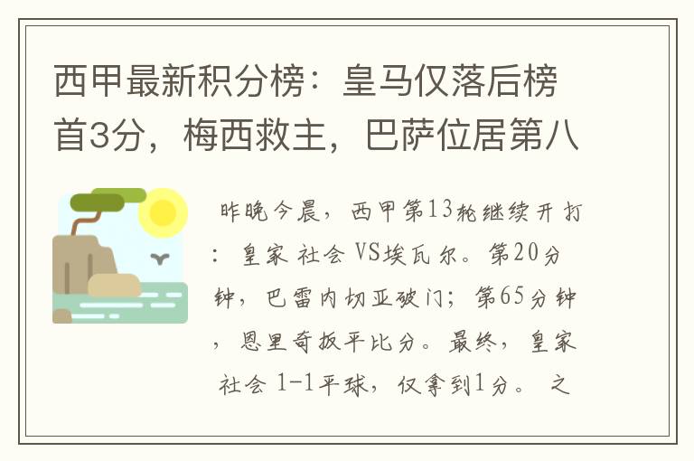 西甲最新积分榜：皇马仅落后榜首3分，梅西救主，巴萨位居第八