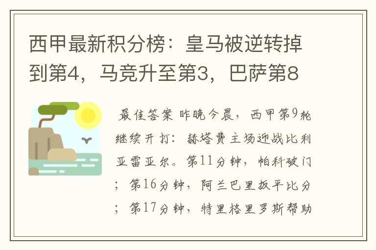 西甲最新积分榜：皇马被逆转掉到第4，马竞升至第3，巴萨第8